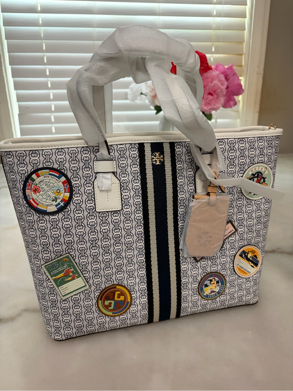 Tory Burch Smallwhite Canvas Logo Tote With Navy Stripe And Travel Patch Accents